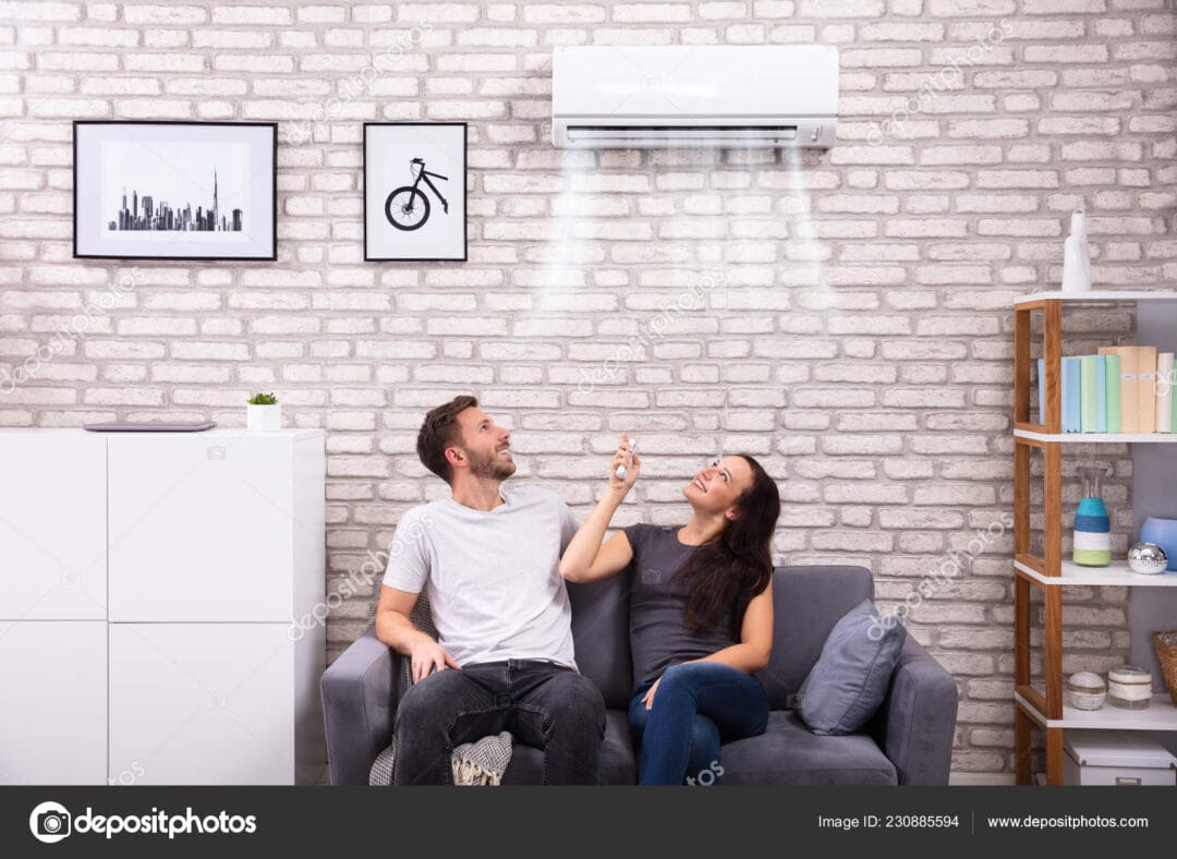 Happy Couple Operating Air Conditioner At Home