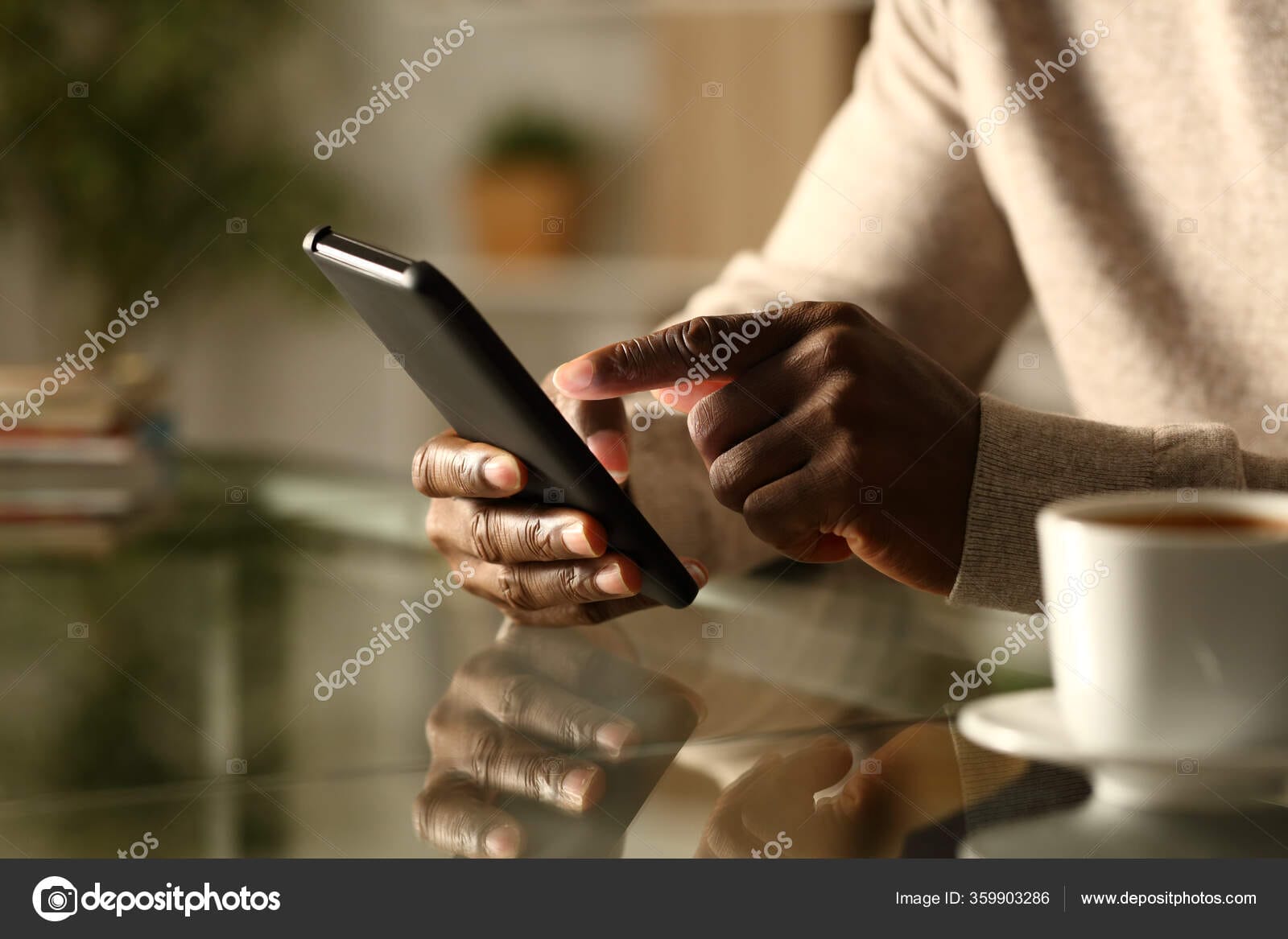 Black Man Hands Checking Smart Phone At Night